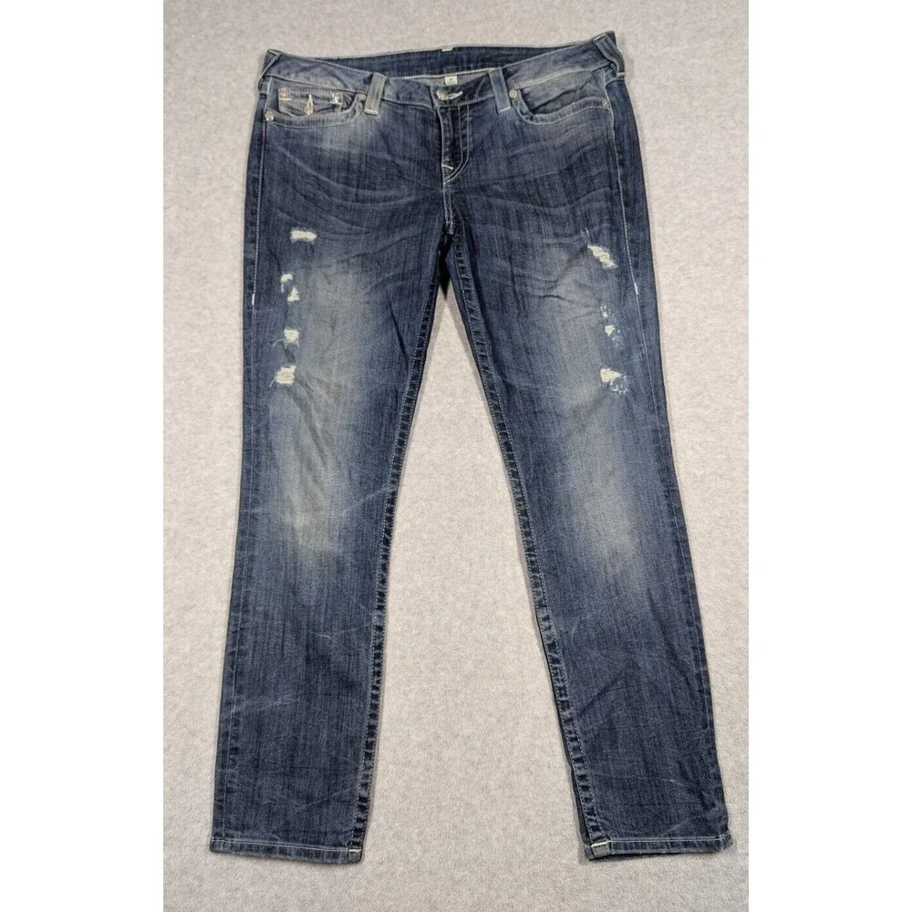True Religion Men Jeans 36x30 Skinny Whiskering Flap Pockets Light Distress Dark